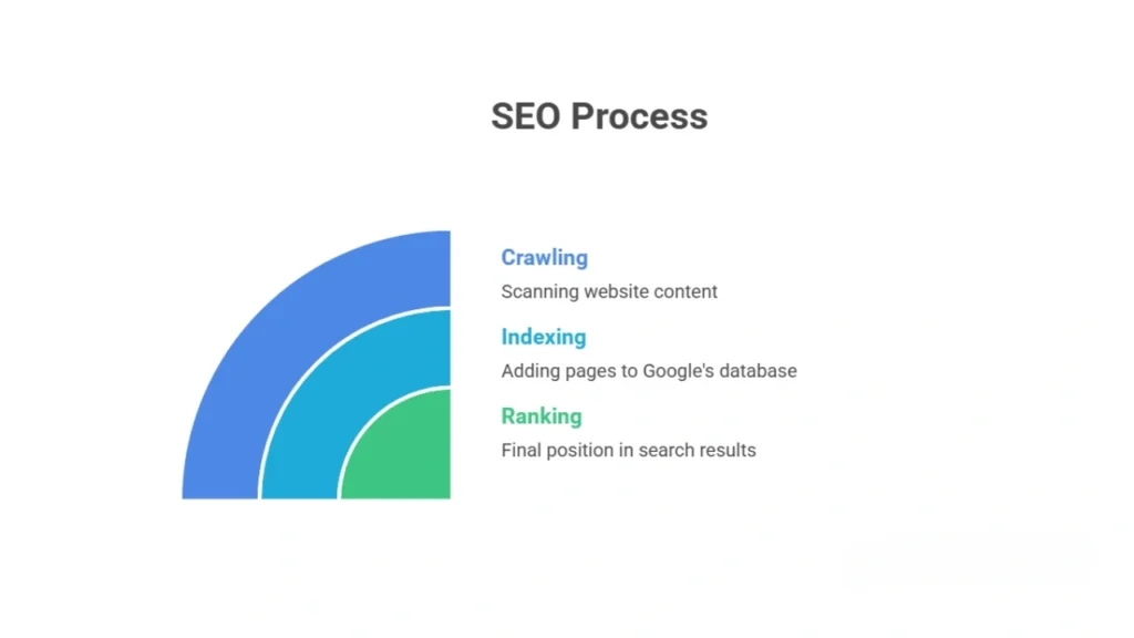 SEO process showing how websites rank higher on Google through crawling, indexing, and ranking