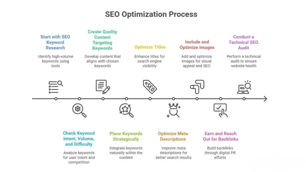 Step-by-step guide to SEO showing on-page, off-page, and technical optimization for website ranking”