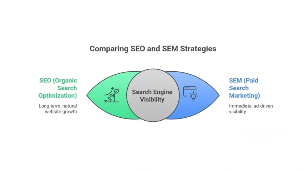 Comparison of SEO and SEM showing organic traffic, paid ads, and website ranking differences