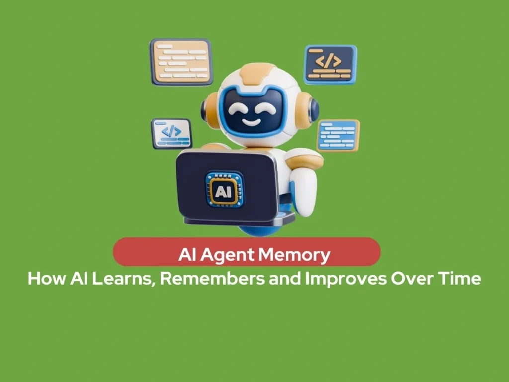 A friendly 3D robot agent working on a laptop, surrounded by floating windows of code and data, representing AI agent memory and learning.