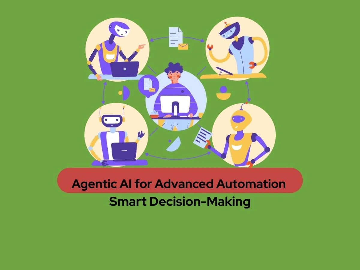 Central human interacting with four AI agents in a circular flow, symbolizing Agentic AI's advanced automation and smart decision-making.