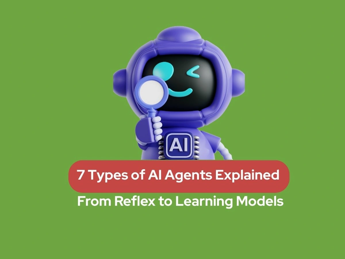 illustration showing 7 Types of AI Agents Explained, From Reflex to Learning Models, with a robot holding a magnifying glass.