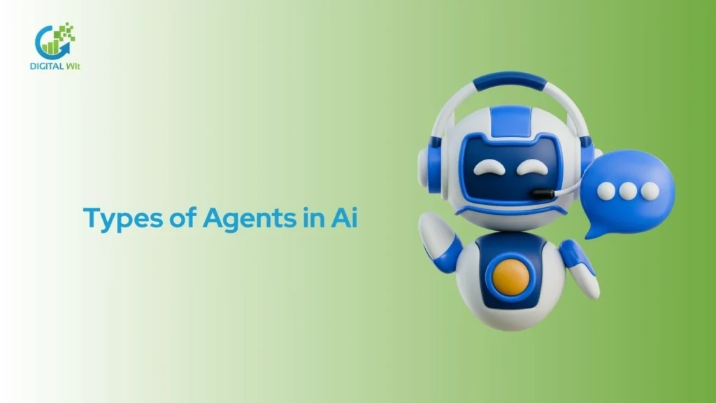 3D illustration of an AI agent (robot with headset and speech bubble) representing the types of agents in AI.
