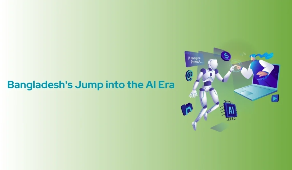 Digital graphic showing human and robot interaction symbolizing Bangladesh's jump into the artificial intelligence era.