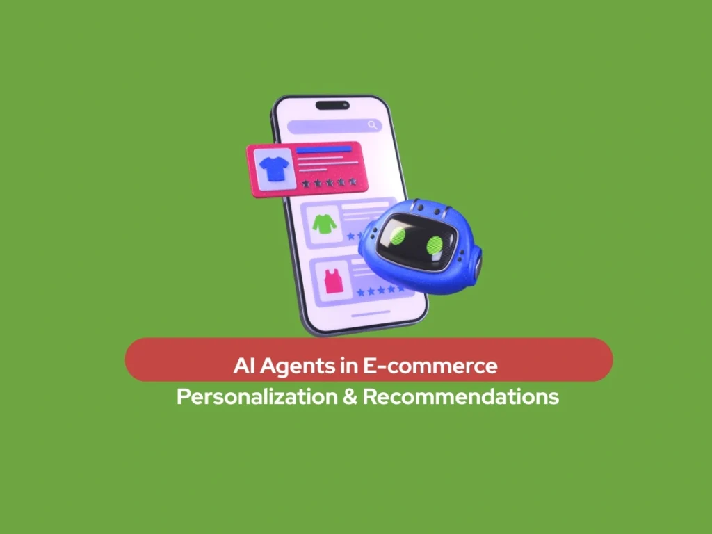 A 3D blue robot assistant next to a smartphone displaying personalized e-commerce product recommendations.