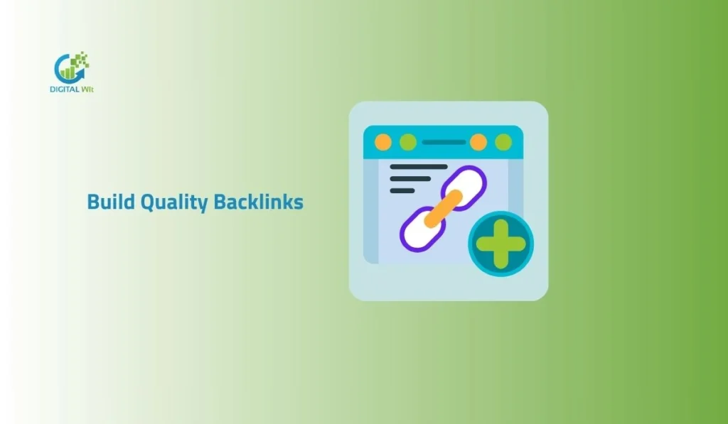 Build quality backlinks illustration showing a website window with chain link icon representing effective link building.