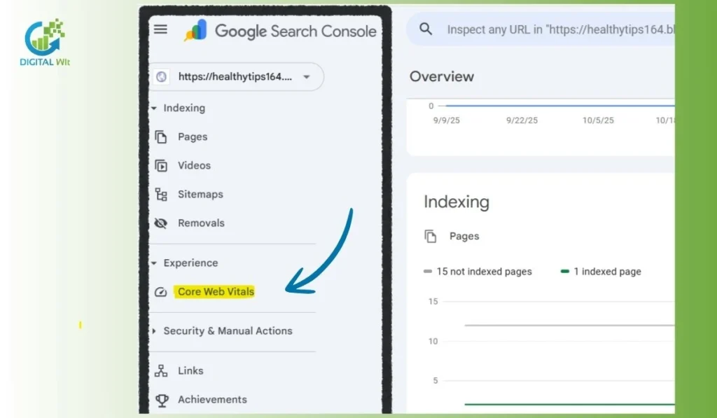 Google Search Console dashboard highlighting the Core Web Vitals report in the Experience section