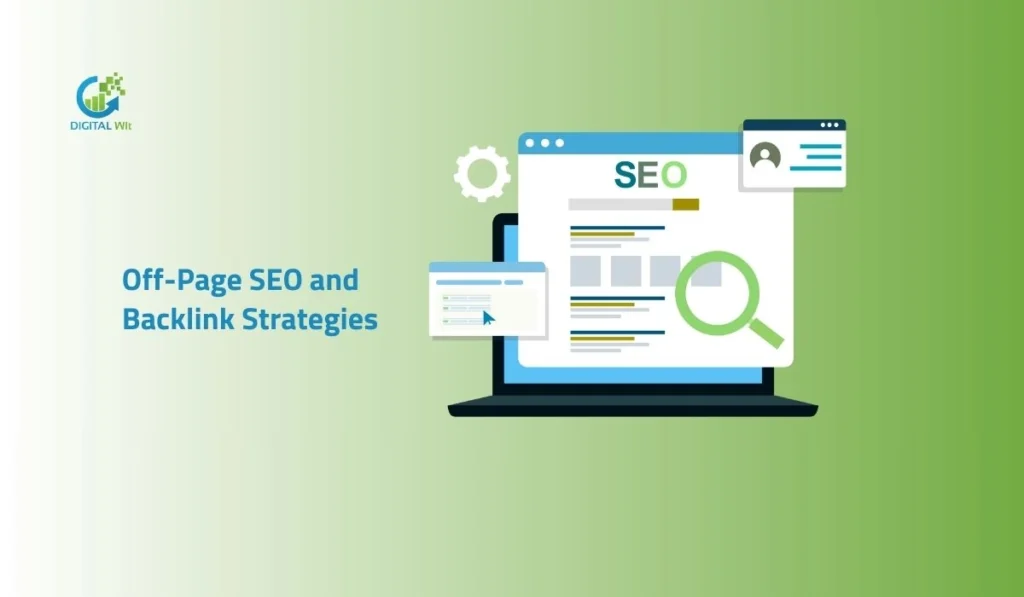 Off-page SEO and backlink strategies illustration showing SEO analysis on a laptop screen with magnifying glass and link elements.