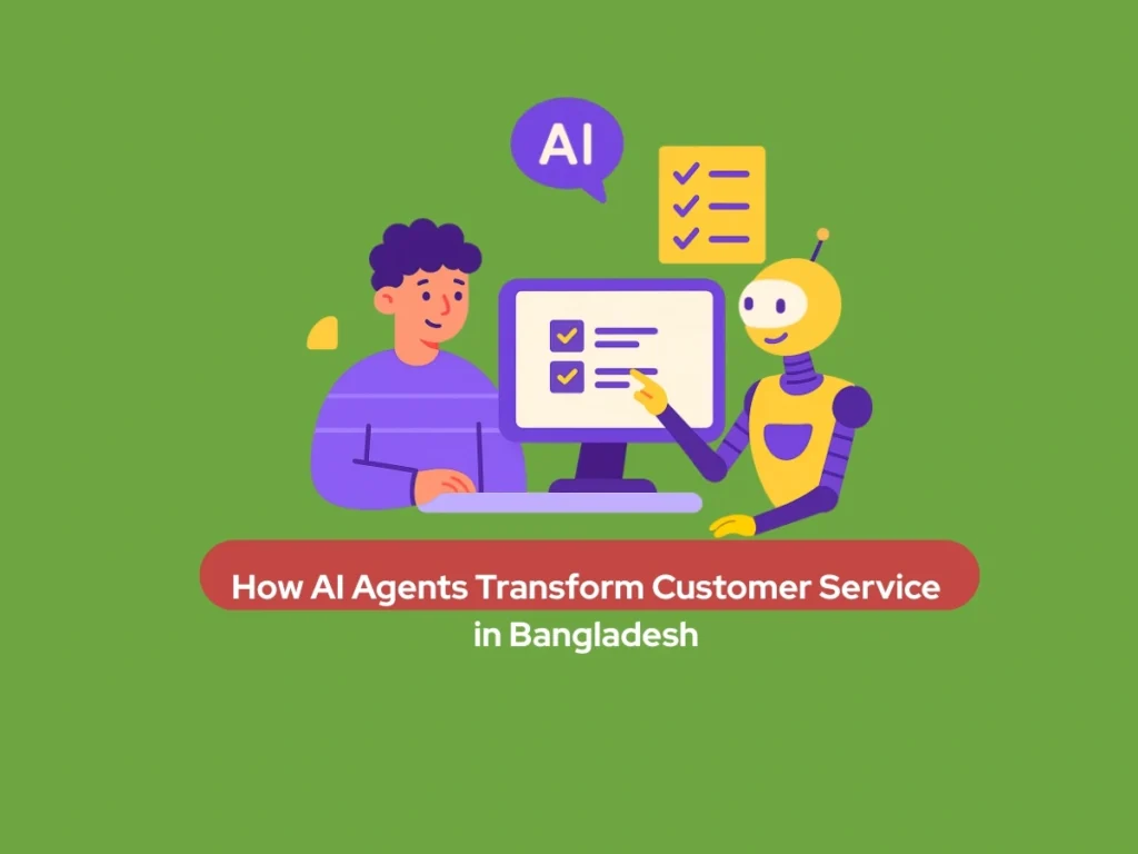 Illustration of an AI robot and a human professional collaborating on a customer service checklist in Bangladesh.