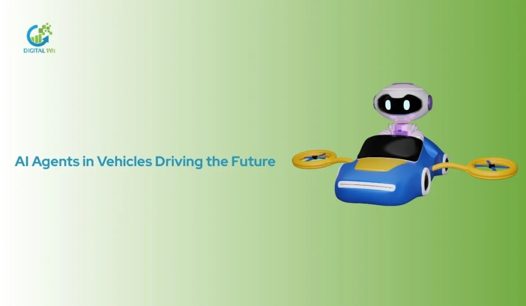 A futuristic blue flying car with yellow propellers being operated by a small white robot AI agent pilot.