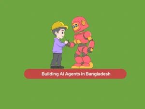 Illustration of a developer and a robot shaking hands for AI agent development in Bangladesh.