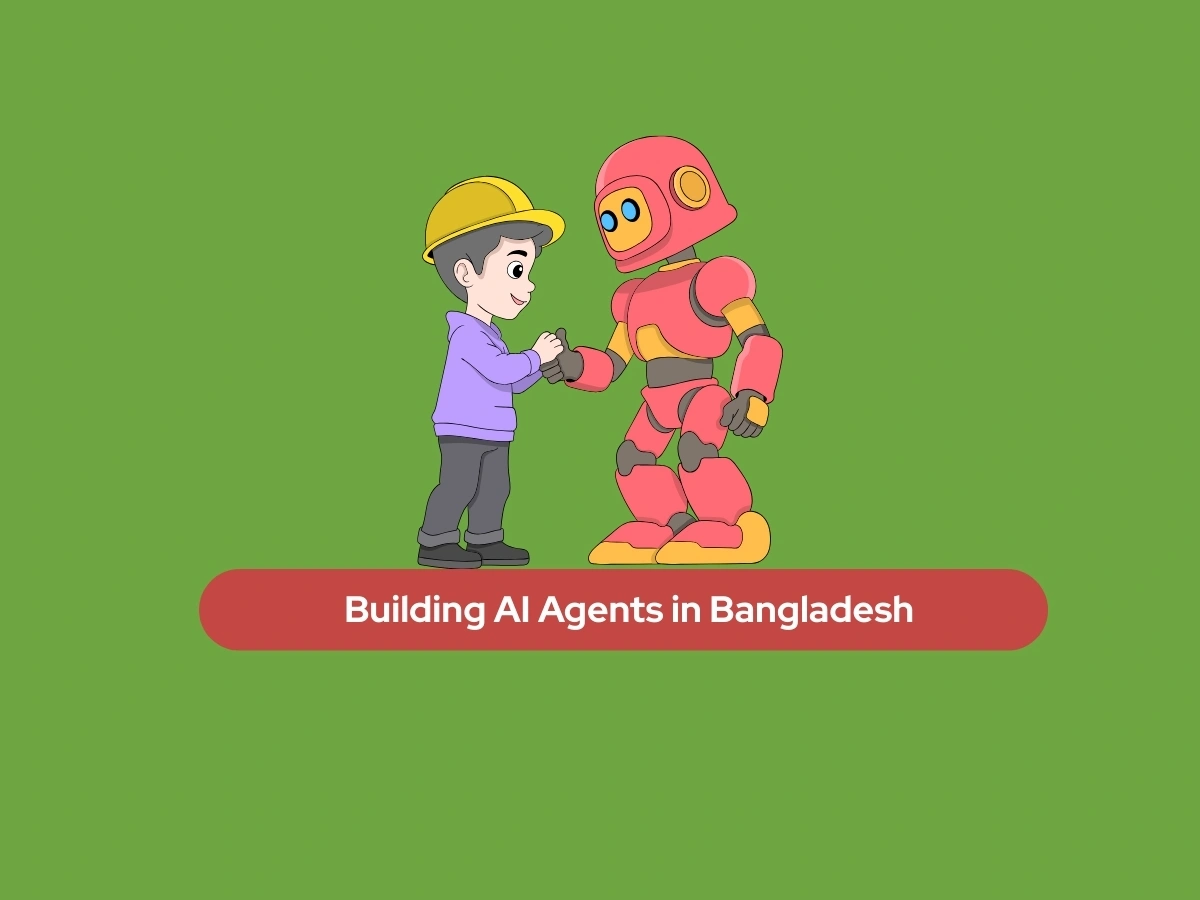 Illustration of a developer and a robot shaking hands for AI agent development in Bangladesh.